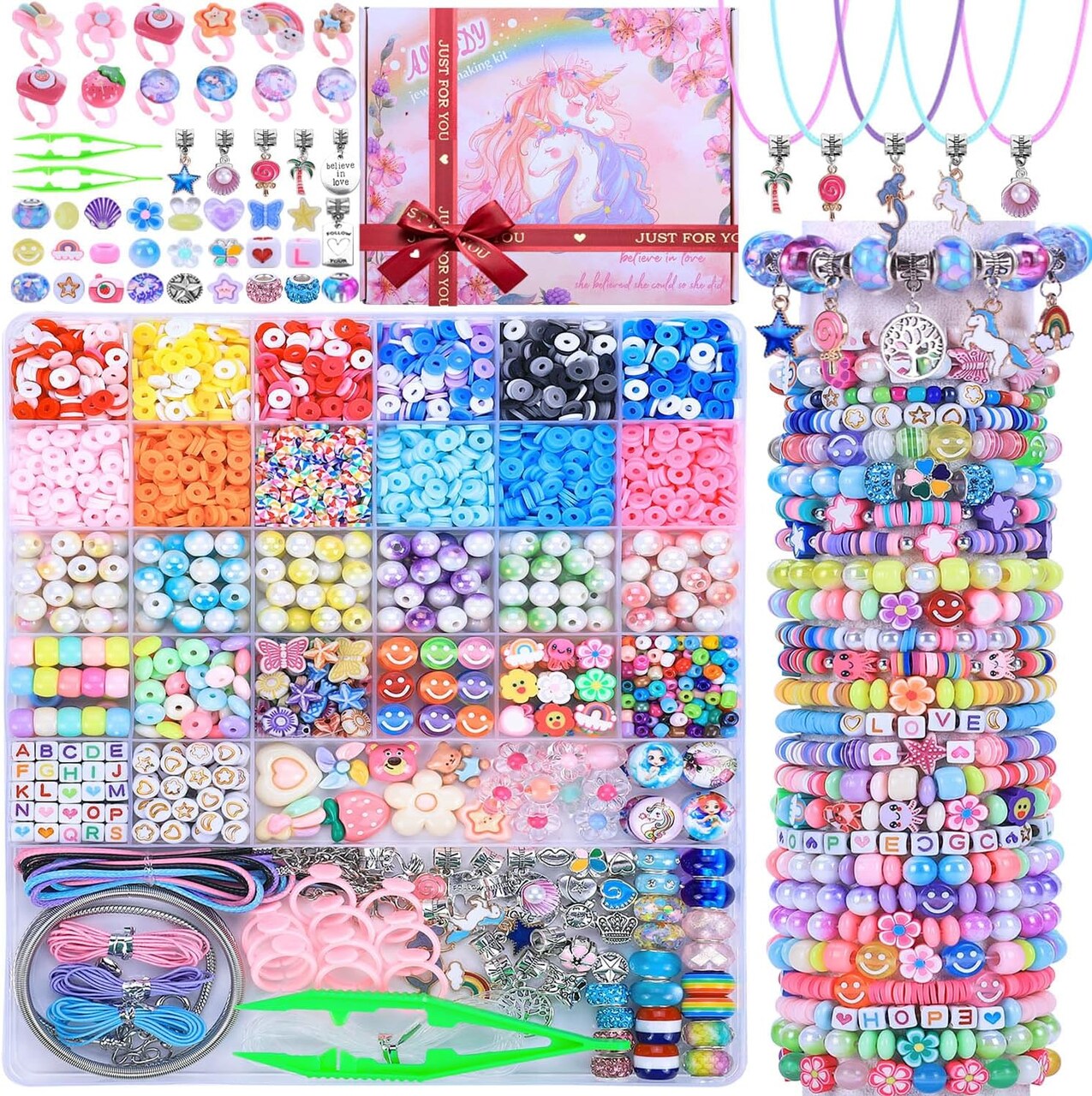 3200-Piece Girls Bracelet Making Kit – Unicorn & Mermaid Clay Beads Jewelry Craft Set, DIY Bracelets & Necklaces, Birthday & Christmas Gifts for Kids Ages 5–12 (Light Pink)